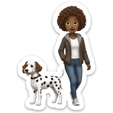 White girl with brown curly hair is walking dalmatian dog  sticker