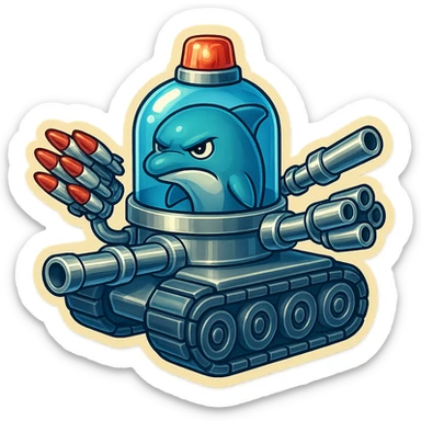 An angry-looking dolphin inside a water tank mounted on tank treads, with a lighter shiny metallic look. The water in the tank is blue. The tank features more forward-facing missiles and large guns, and a rotating police light on top. Rendered in retro sticker style with no border. sticker