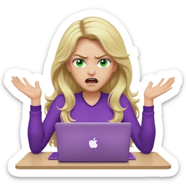 lady with long wavy blonde hair, purple top, green eyes, at desk with hands and face gesturing very angry and shouting, with a purple mac laptop  sticker