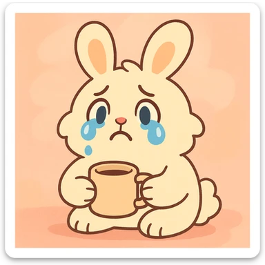 fluffy cream bunny with teardrop eyes holding a coffee mug, cozy soft background, pastel toon style sticker