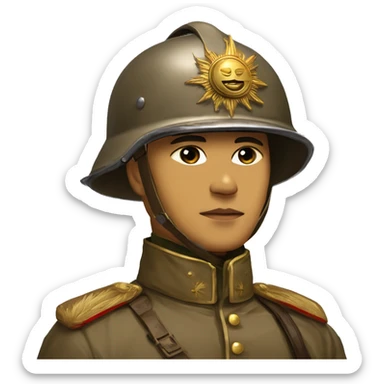 Filipino Republican Soldier year era ww1, with a Pickelhaube Überzug helment from ww1 exposing the gold Spike on the top of the helmet, the helmet a symbol of the sun, Russian uniform brown. sticker