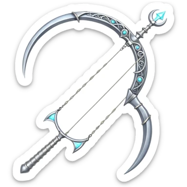 Elegant silver bow weapon with glowing string, crescent-moon motifs. sticker