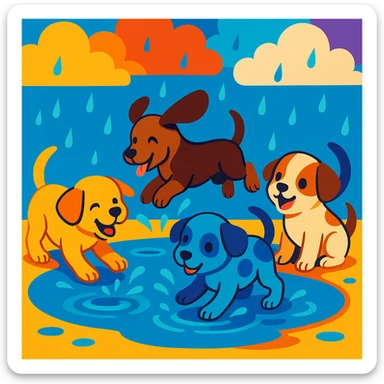 puppies playing together in a rain puddle, adorable, colorful sticker