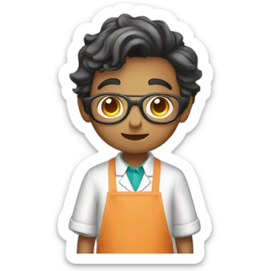A scientist boy wearing apron and and having camera on hands sticker