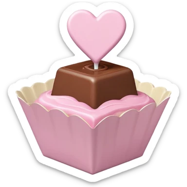 Two square milk chocolate , Each praline is a sharp-edged cube with smooth glossy chocolate coating, placed in a small white fluted paper candy cup. On top of each cube is a flat pastel pink heart-shaped icing sticker