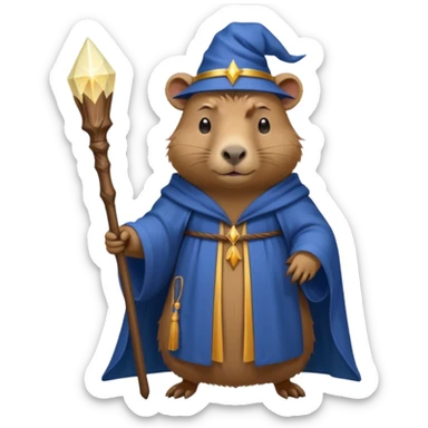 A mystical queen Capybara wearing a wizard robe and a wand sticker