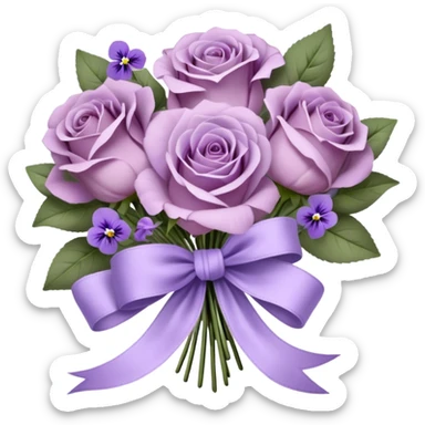 A vintage bouquet of wilted mauve roses, delicate violet pansies, and fragrant lavender sprigs is gently wrapped in soft lilac silk ribbons, tied into a loose, romantic bow, with a small heart-shaped locket resting among the petals, whispering secrets of a love long past sticker