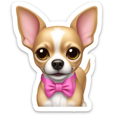 Short haired chihuahua with a pink collar that has a bow. Just her head. Her ears Stand up. She is tan.  sticker