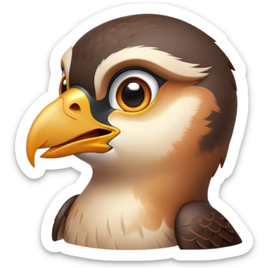 Cinematic Cute Falcon Portrait Emoji, Head tilted playfully and inquisitively, featuring a sleek, agile form with a delicately curved beak and round, sparkling eyes full of spirited charm, Simplified yet irresistibly adorable features, highly detailed, glowing with a warm, inviting glow, high shine, affectionate and lively, stylized with a touch of whimsical aerial grace, soft glowing outline, capturing the essence of a mischievous yet endearing falcon that seems as if it could dart out of the screen into your heart! sticker