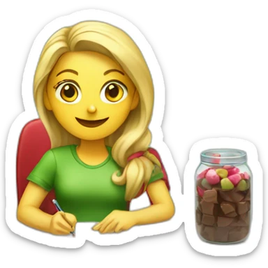 Girl with blonde hair sitting at a desk wrapping chocolate candies with solid green background red shirt sticker