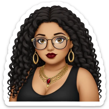 teen big plus size, latina, darker tan skin, gold jewelry, long black curly hair, baddie,pretty, makeup, dark red lipgloss, black eyeliner, long hair, black top, black glasses sticker