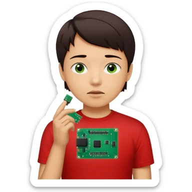 A young person wearing a red T-shirt indoors, short dark hair, holding a small green electronic circuit board near the mouth in a thoughtful pose. Warm natural lighting, window with blinds in the background, casual tech-inspired vibe. sticker