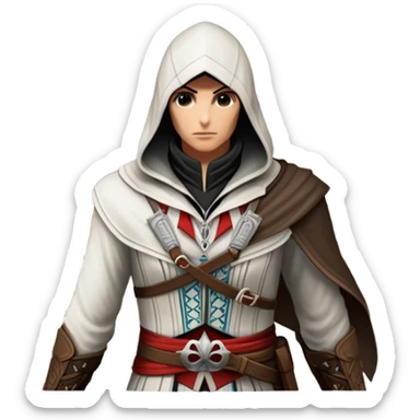 icon featuring Assasin's Creed in an iconic assassin's hood, standing tall against the backdrop of Florence. The design captures the essence of adventure, with intricate details of historical architecture and a sense of mystery. The character is poised, ready for action. transparent background. sticker
