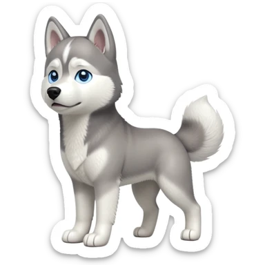 cinematic-[siberian husky]-realistic-full-body-standing-emoji,-tail-resting-loosely-beside-its-paws,blue eyes-head-tilted-dramatically, -fluffy-[grey and white]-fur,-simplified-yet-realistic-focused-features,-highly-detailed,-glowing-with-an-almost-sarcastic-glow sticker