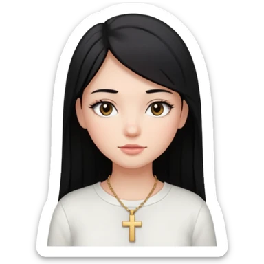 A girl with black straight hair long eyelashes light blush a white shirt and a cross necklace  sticker