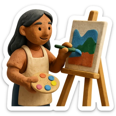 tanned woman artist with long black hair, wearing an apron, painting at an easel, holding a palette and brush, claymation style sticker