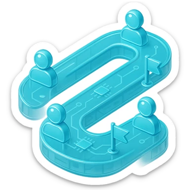 Flat icon of a winding path with user avatars and milestones, cyan blue sticker