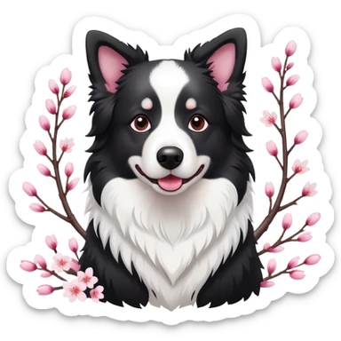 A cute  little  Black and white Border Collie and cherry blossom sticker