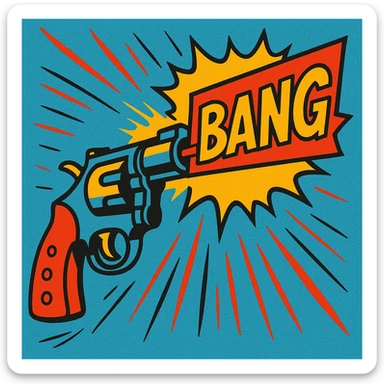 cartoon-style revolver firing with comic-style 'BANG' text popping out from the barrel instead of a bullet, bright colors, exaggerated motion lines, fun retro comic look sticker