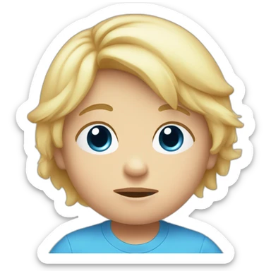 A baby with blond hair, blue eyes and a blue t-shirt and a sad face sticker
