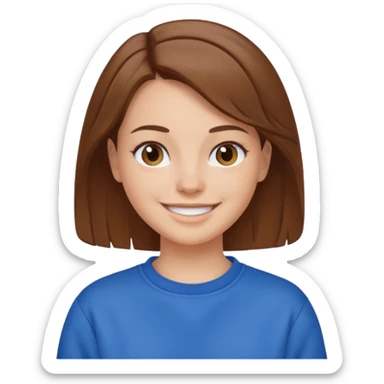 white female with brown hair wearing a blue sweatshirt, friendly expression sticker