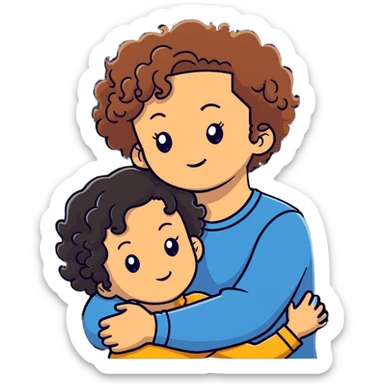 girl with long light brown hair and pale skin hugging a boy with short black curly hair and tanned skin sticker
