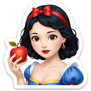 Cinematic Realistic Snow White Portrait, depicted with lifelike skin texture, soft natural lighting, and intricately detailed black hair styled with a red ribbon. Her soft brown eyes radiate innocence and kindness, complemented by a warm, gentle smile. She holds an apple in one hand, her other hand resting against her cheek, embodying her purity and charm. She is dressed in her classic yellow, blue, and red gown, the fabric rich in texture with delicate folds that catch the light beautifully. The portrait features a soft, natural glow with a radiant finish, capturing the essence of timeless beauty in a realistic and painterly style. sticker