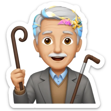 A grey-haired fan with cane in hand, cheering loudly with youthful spirit. sticker