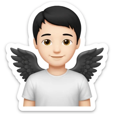 angelic boy with black hair and a white t-shirt, smiling sticker