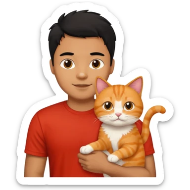 Brown guy with black hair in red t-shit with orange cat sticker