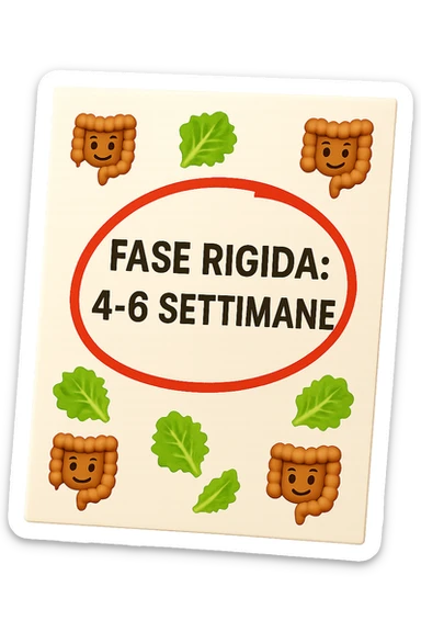 EMOJI STILE IPHONE DI UN foglio di carta fluttua in aria con la scritta "FASE RIGIDA: 4-6 SETTIMANE" CERCHIATA A PENNA IN ROSSO, ATTORNO AL FOGLIO FLUTTUANO PICCOLI TRATTI DI COLON UMANO IN STILE EMOJI E FOGLIE DI INSALATA, REALISTICA 4K sticker