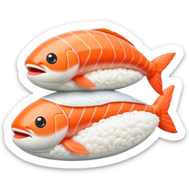 Cute Kawaii Nigiri Sushi, plump and happy, a soft white rice pillow topped with bright orange salmon, tiny blushing cheeks, big round eyes, a joyful floating expression! sticker