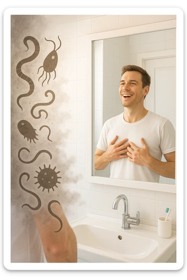 a man stands in a brightly lit bathroom, looking relieved and revitalized as he examines his reflection in the mirror. In the foreground, stylized, shadowy images of parasites (such as worms or protozoa) are shown leaving his body, dissolving into mist or fading away. His posture is upright and his expression is one of newfound energy and health. sticker