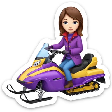 Brown hair, very blue eyes, Woman wearing red coat  on purple and yellow striped snowmobile sticker