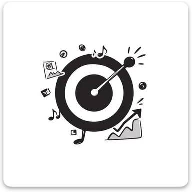 symmetrical target with musical marketing elements such as musical notes, speakers, growth charts, doodle style, square emoji format, suitable for online course cover sticker