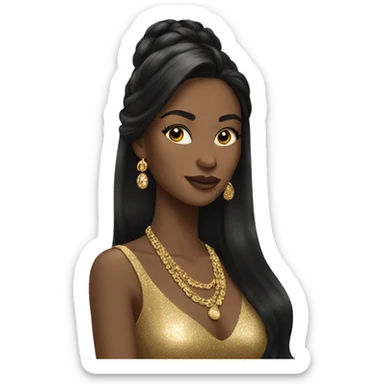 woman with black long hair in gold sparkle dress with gold jewelry sticker