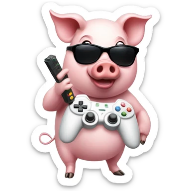 a pig with a video game controller wearing sunglasses sticker