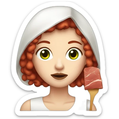 vegan woman white skin red hair green eyes disgusted holding meat sticker