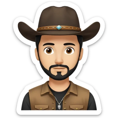 Cowboy with a man bun, black hair, cowboy hat brown eyes, tan skin and light black goatee black t shirt  sticker