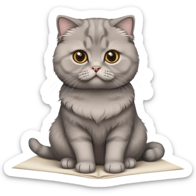 a gray Scottish fold cat sitting on a piece of paper sticker