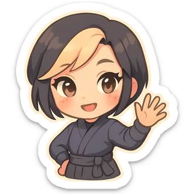 Chibi ninja girl with black short hair and a blonde streak, big head, small body and arms, not overly round or infant-like, cute and playful, anime-style face with large expressive eyes, small nose and mouth, subtle blush, hand fully raised, waving to the right, smiling, pastel colors, soft shading, clean outlines, no mask, transparent background, face looks sexy with slightly parted lips, confident gaze, longer lashes, subtle contouring. sticker