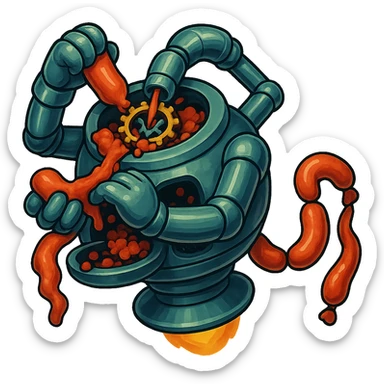 hovering robot. stuffs material into large hole on its top with 2 arms. no neck or head. large hole is where neck and head would be. spinning gears and blades in hole grind red chunks. sausage links come our of hole on backside.  3/4 view. between realism and cartoon. well lit. no dramatic lighting. metallic shiny robot. works diligently. dark humor sticker