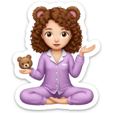 Sexy girl, brown eyes, brown curly hair, white skin, full body in cute pijama bear sticker