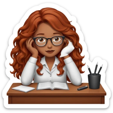 Pretty brown model, brown eyes, soft long red wavy hair, falling asleep at desk sticker