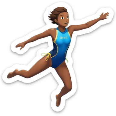 A diver mid-air, plunging from a high cliff into the sparkling ocean below. The background features rugged cliffs, clear blue water, and a bright sky, emphasizing the excitement and danger of the sport with a sense of freedom and adventure. sticker