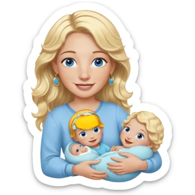 Wavy blonde, white woman with blue eyes, freckles hoop earrings, holding babies smiling and really cute in gold hoops she needs to be holding three newborns, and she needs to be more cute than pretty sticker