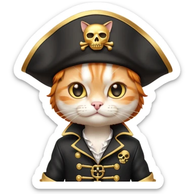 Premium 3D emoji icon of a cute ginger cat pirate, wearing a **pristine white** satin pirate hat with a gold skull icon, and a black and gold captain's jacket. Glossy finish, claymorphism style, soft studio lighting, isolated on white background, 8k resolution, stylized professional look --v 6.0 sticker