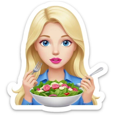 Cinematic realistic blonde with long hair, blue eyes and pink lips eats salad sticker