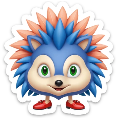 Blue hedgehog with red shoes and peach arms with large quills wave joint together eyeballs and green pupils sticker
