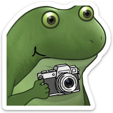 bufo frog sightseeing in a city, holding a camera, looking excited sticker